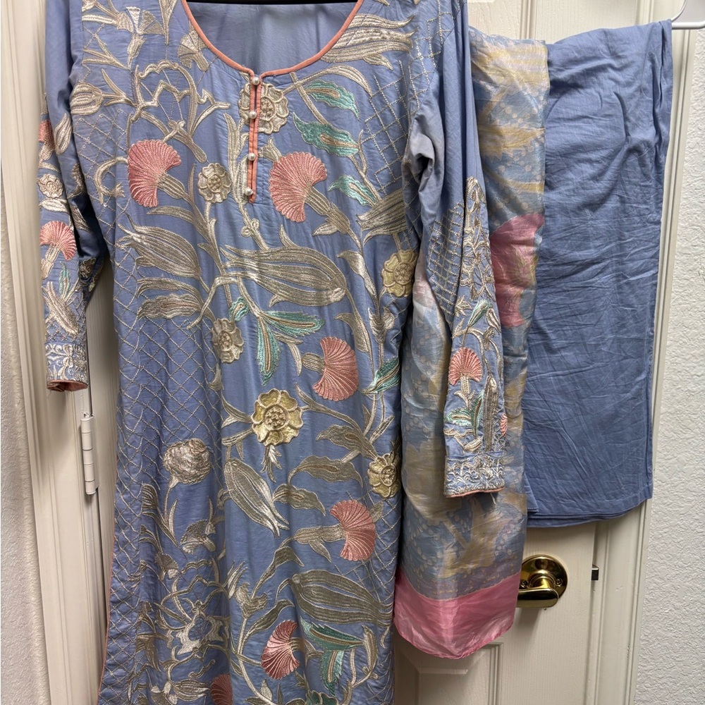 Floral Embroidered Blue Kurta Set